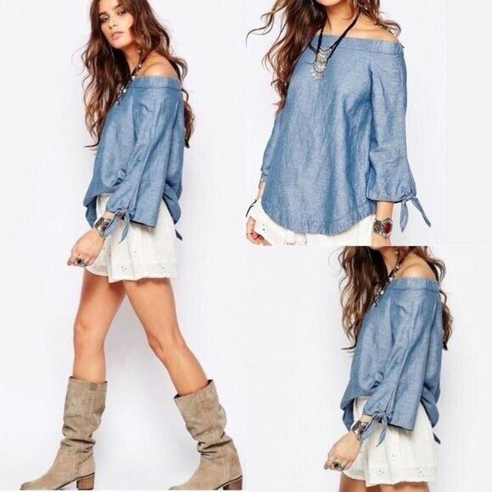 Free People Show Me Some Shoulder Chambray Top
